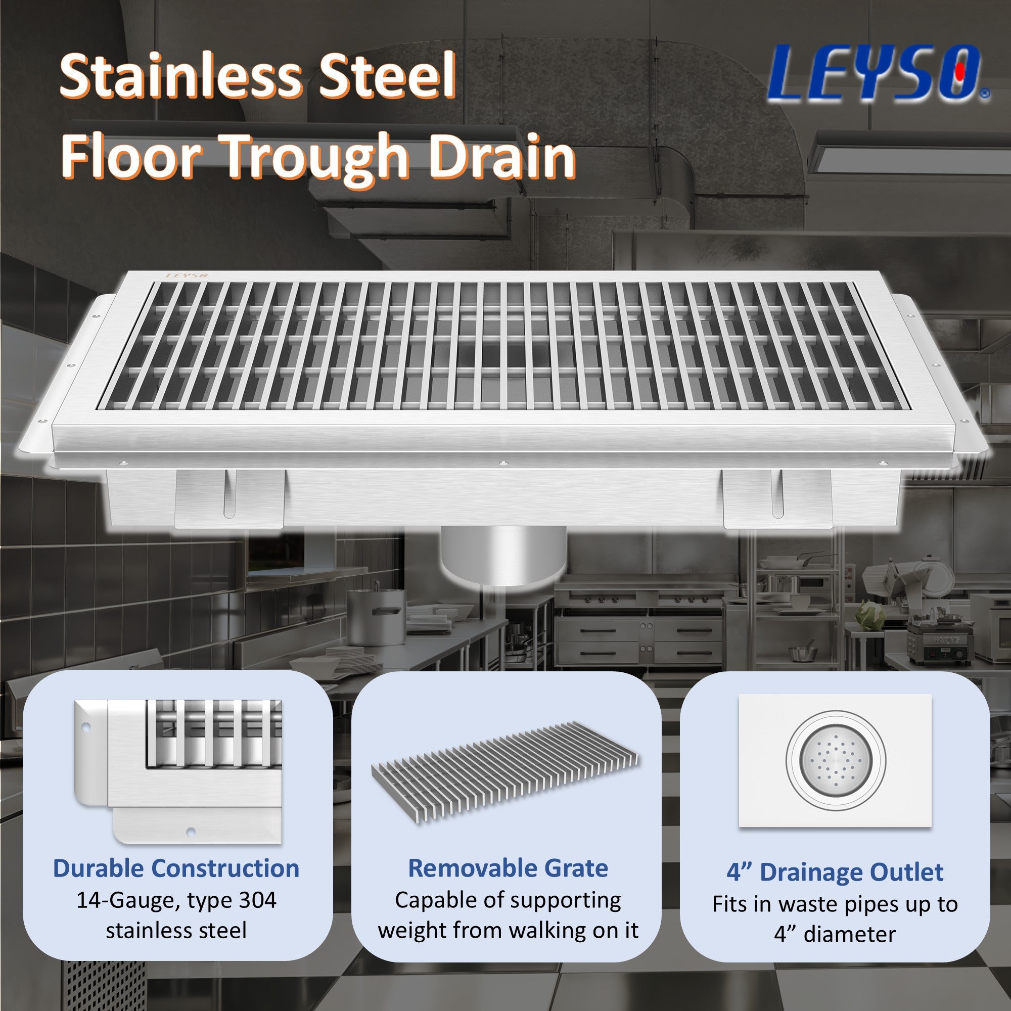 Leyso 12" x 24" 14-Gauge Stainless Steel Floor Trough with Removable Grate and Strainer Basket, Commercial Floor Drainer Used for Restaurants Kitchen, Hotels, Industrial Facilities.