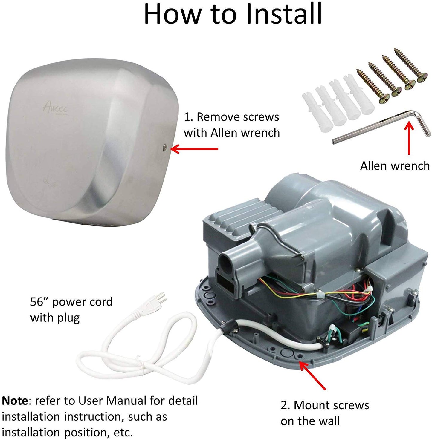 Awoco Standard Heavy Duty Stainless Steel 1450W 120V Automatic High Speed Commercial Hand Dryer, UL Listed