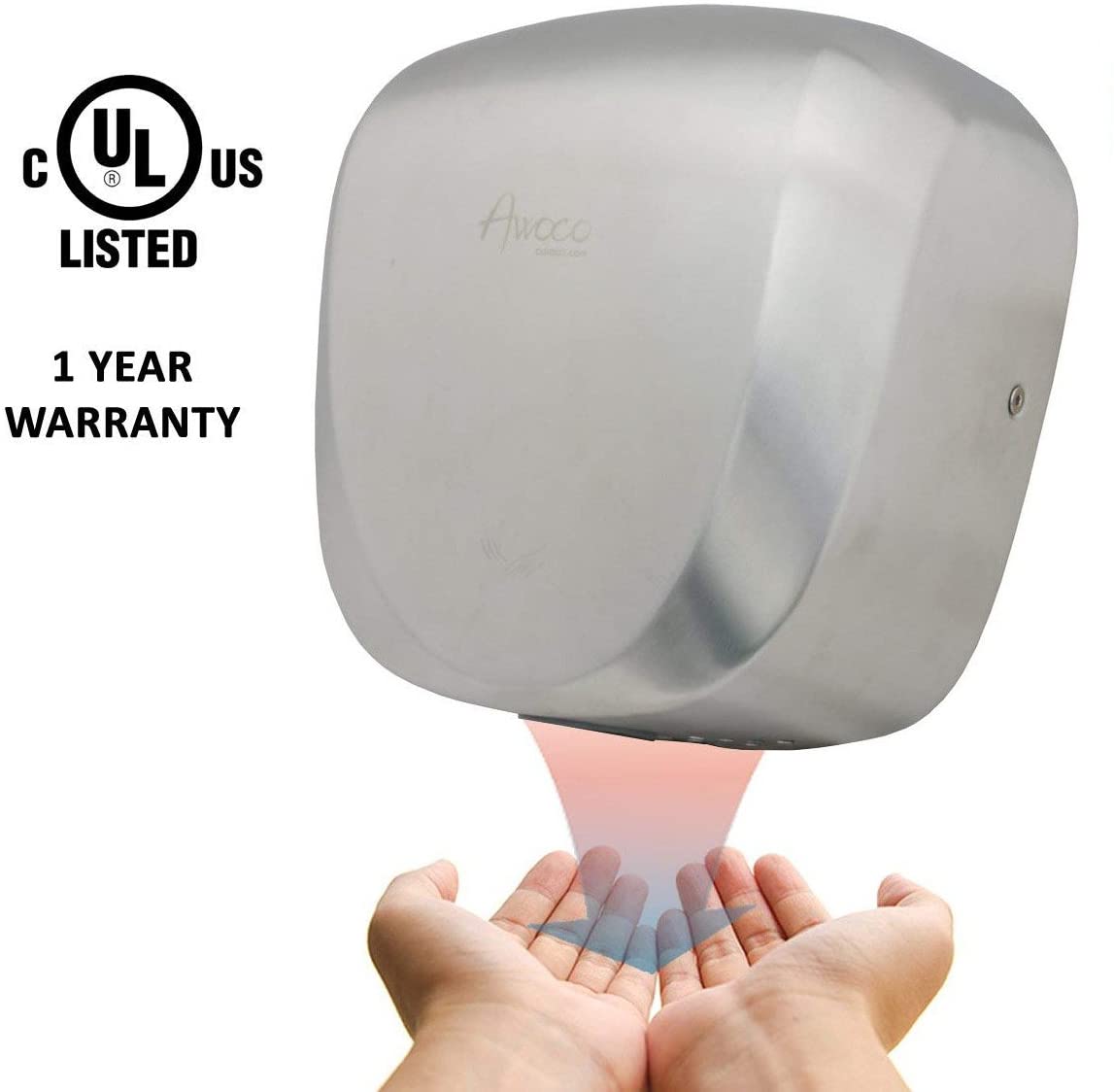 Awoco Standard Heavy Duty Stainless Steel 1450W 120V Automatic High Speed Commercial Hand Dryer, UL Listed