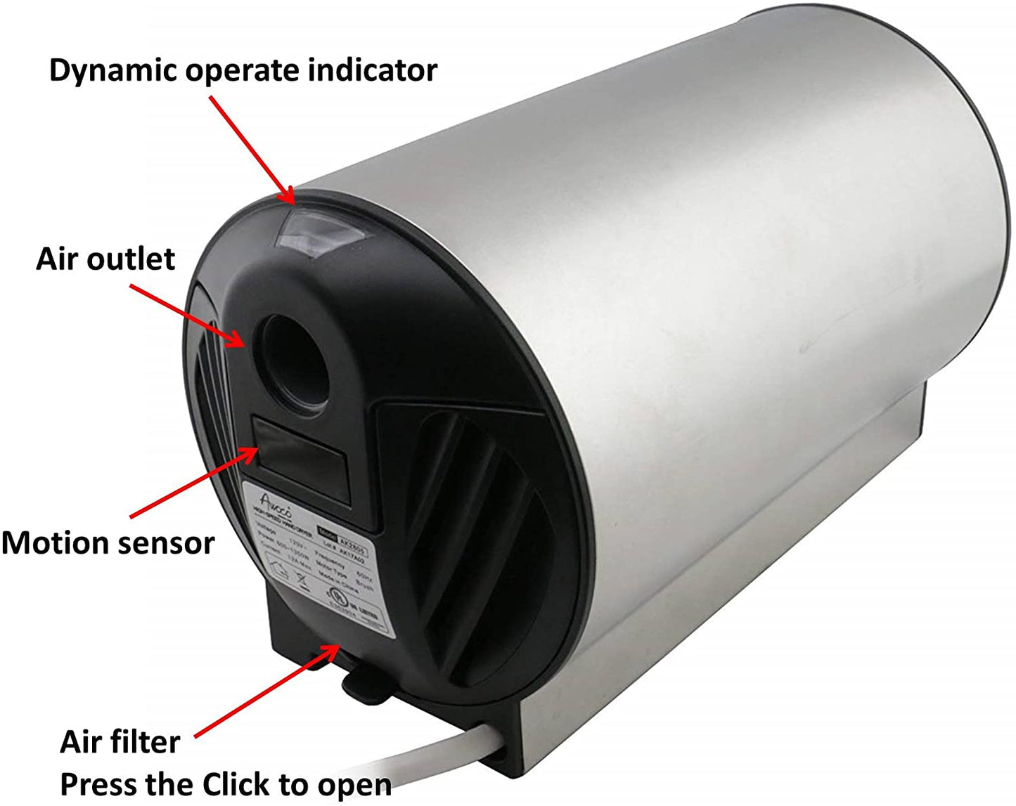 Awoco Round Stainless Steel 1350W 120V Automatic High Speed Commercial Hand Dryer, UL Listed, 1 Year Warranty