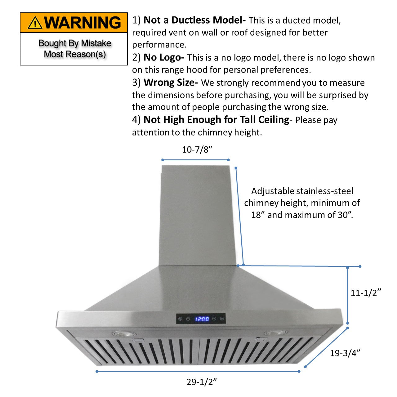 Leyso RH-WS-30 Wall Mount 41.5”H Stainless Steel Range hood 3 Speeds, 6” Round Top Vent 760 CFM, 2 LED Lights, Baffle Filters