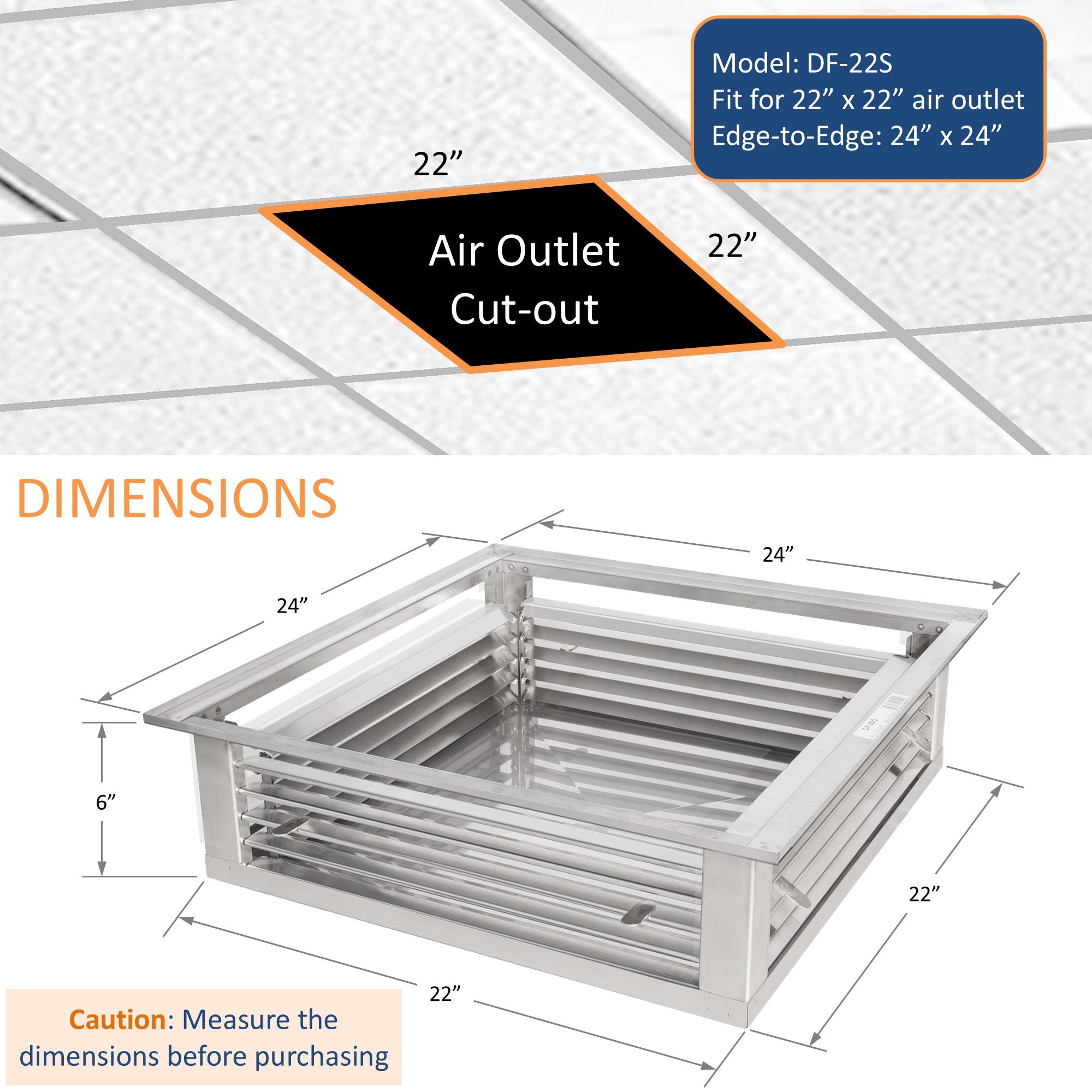 Leyso 22” Stainless Steel 4-Way Adjustable Air Diffuser for Evaporative Swamp Cooler, 24” x 24" Mounting Edge