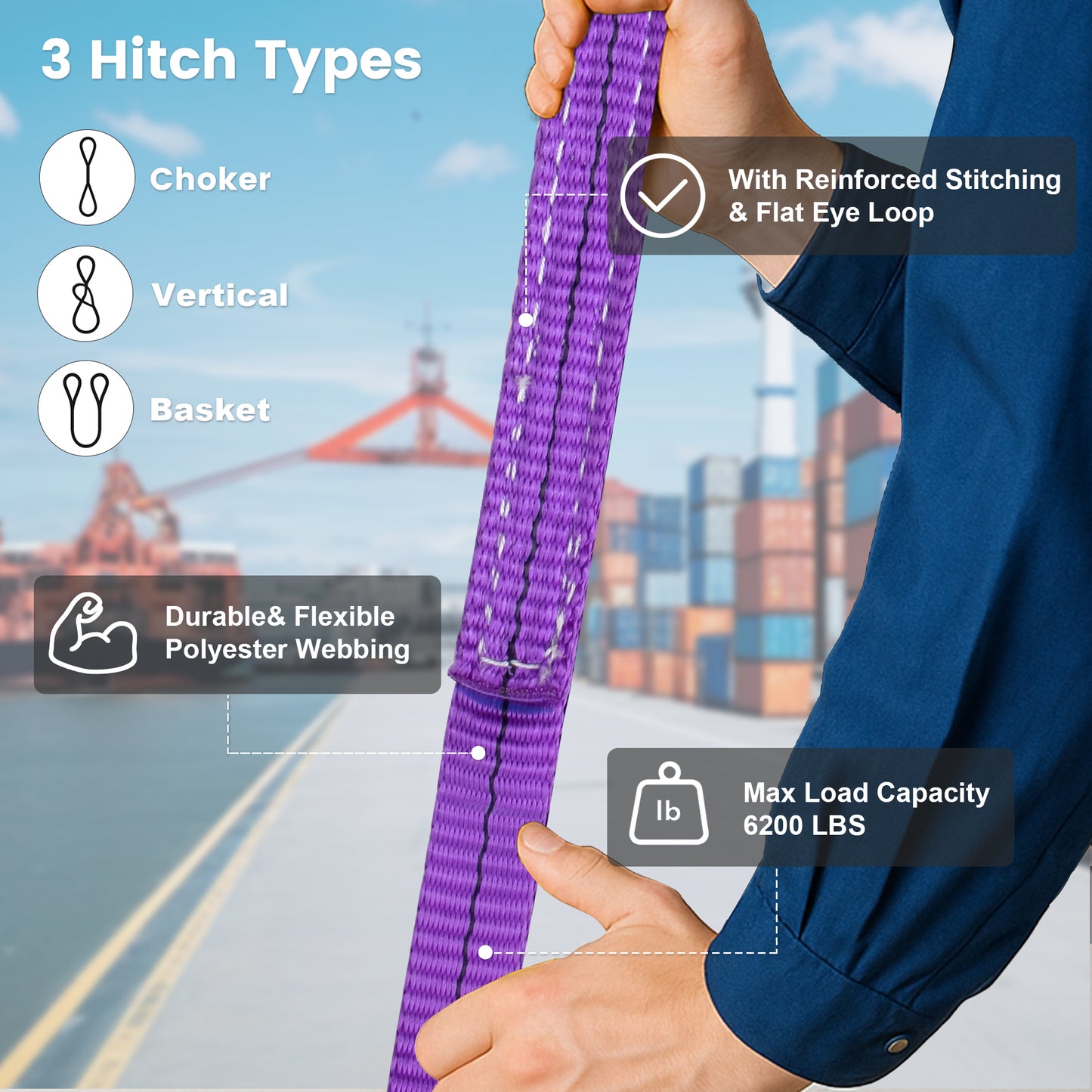Leyso Purple Multifunctional Heavy Duty Lift Sling Web Town Strap with 5" Diameter Reinforced Loops and Wear Guard End