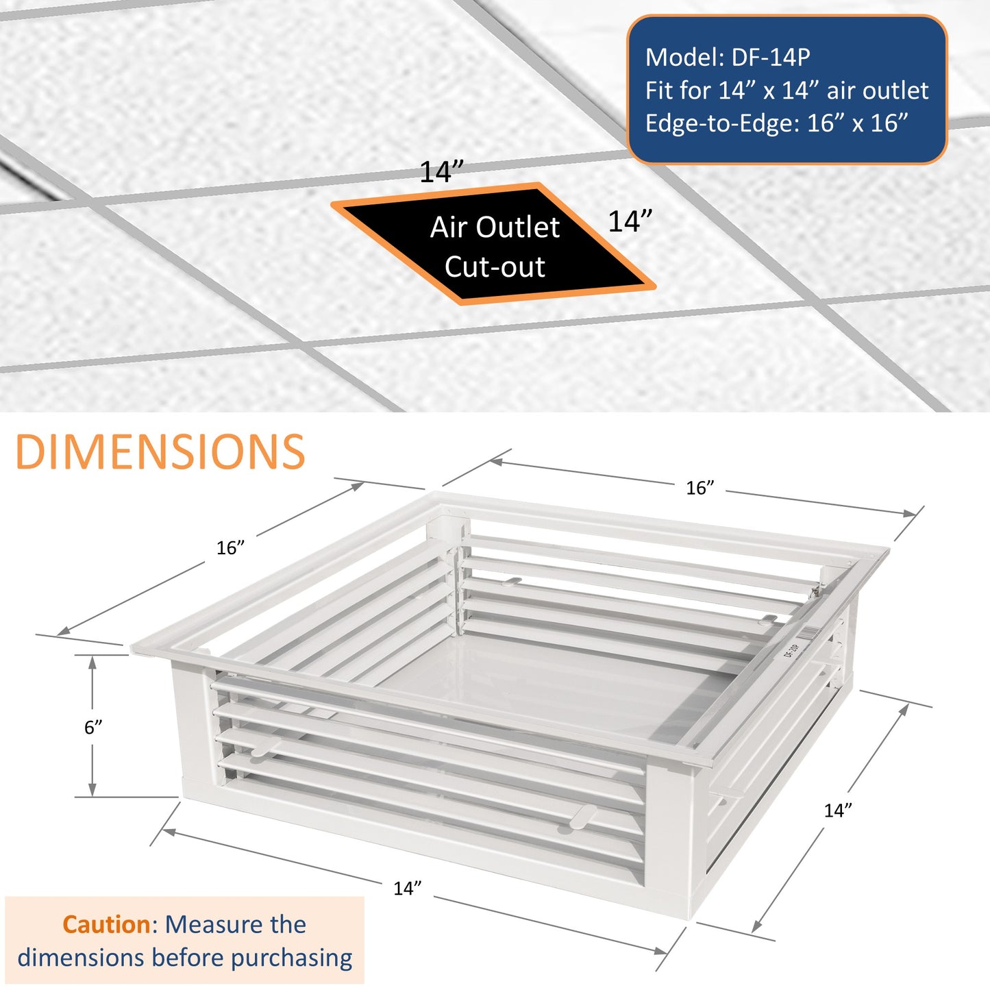 Leyso 14” White Powder Coated 4-Way Adjustable Air Diffuser for Evaporative Swamp Cooler, 16” x 16" Mounting Edge
