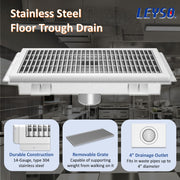 Leyso 14-Gauge Stainless Steel Floor Trough with Removable Grate and Strainer Basket, Commercial Floor Drainer Used for Restaurants Kitchen, Hotels, Industrial Facilities.