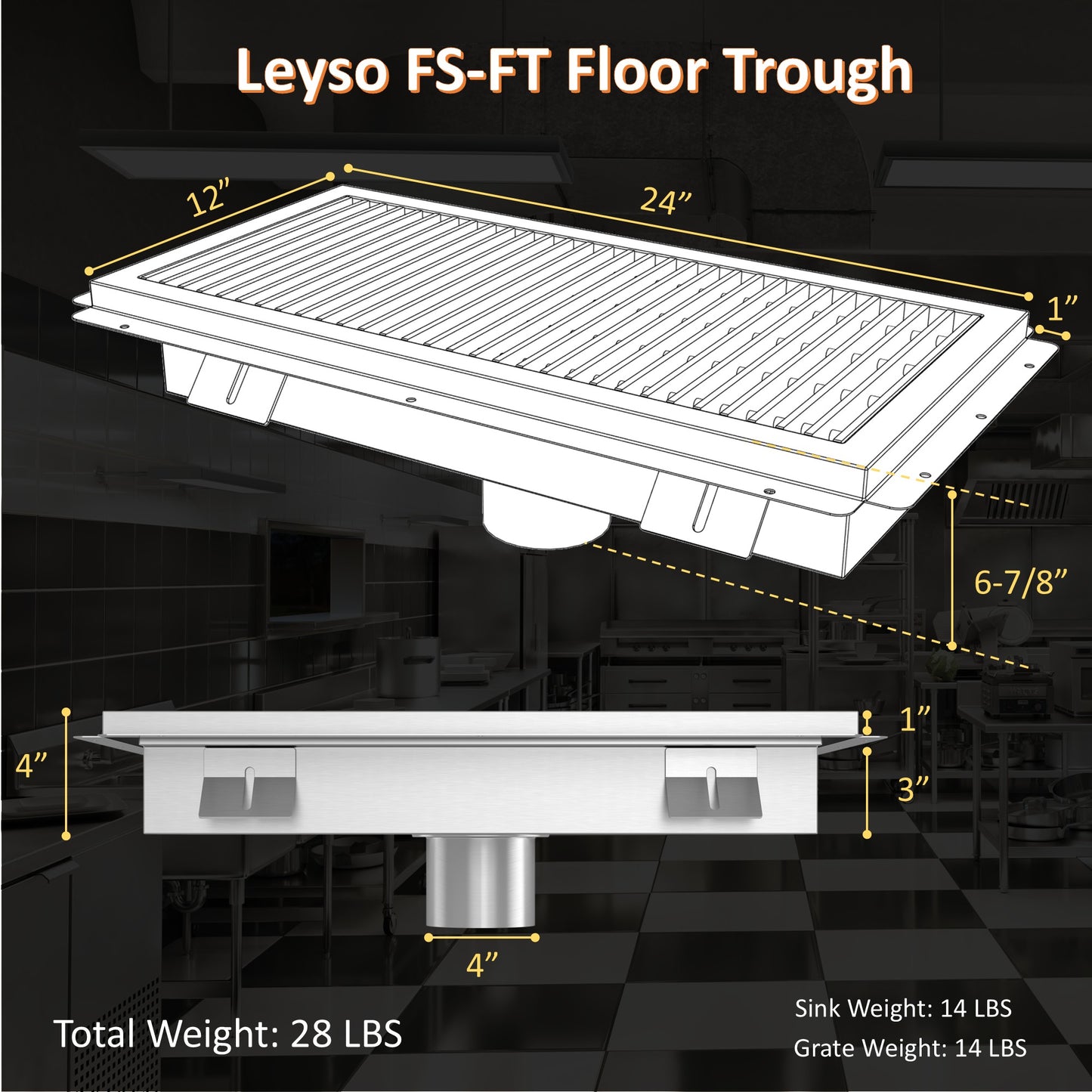 Leyso 14-Gauge Stainless Steel Floor Trough with Removable Grate and Strainer Basket, Commercial Floor Drainer Used for Restaurants Kitchen, Hotels, Industrial Facilities.