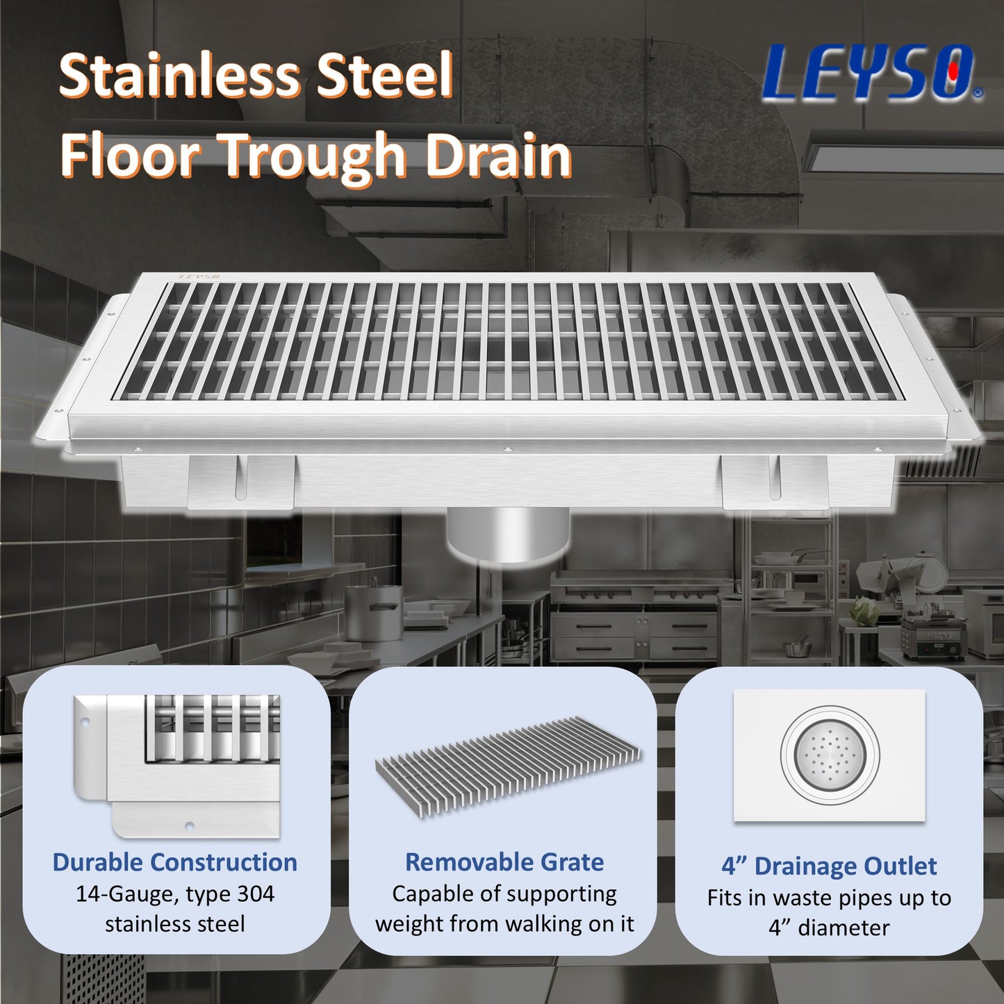 Leyso 14-Gauge Stainless Steel Floor Trough with Removable Grate and Strainer Basket, Commercial Floor Drainer Used for Restaurants Kitchen, Hotels, Industrial Facilities.