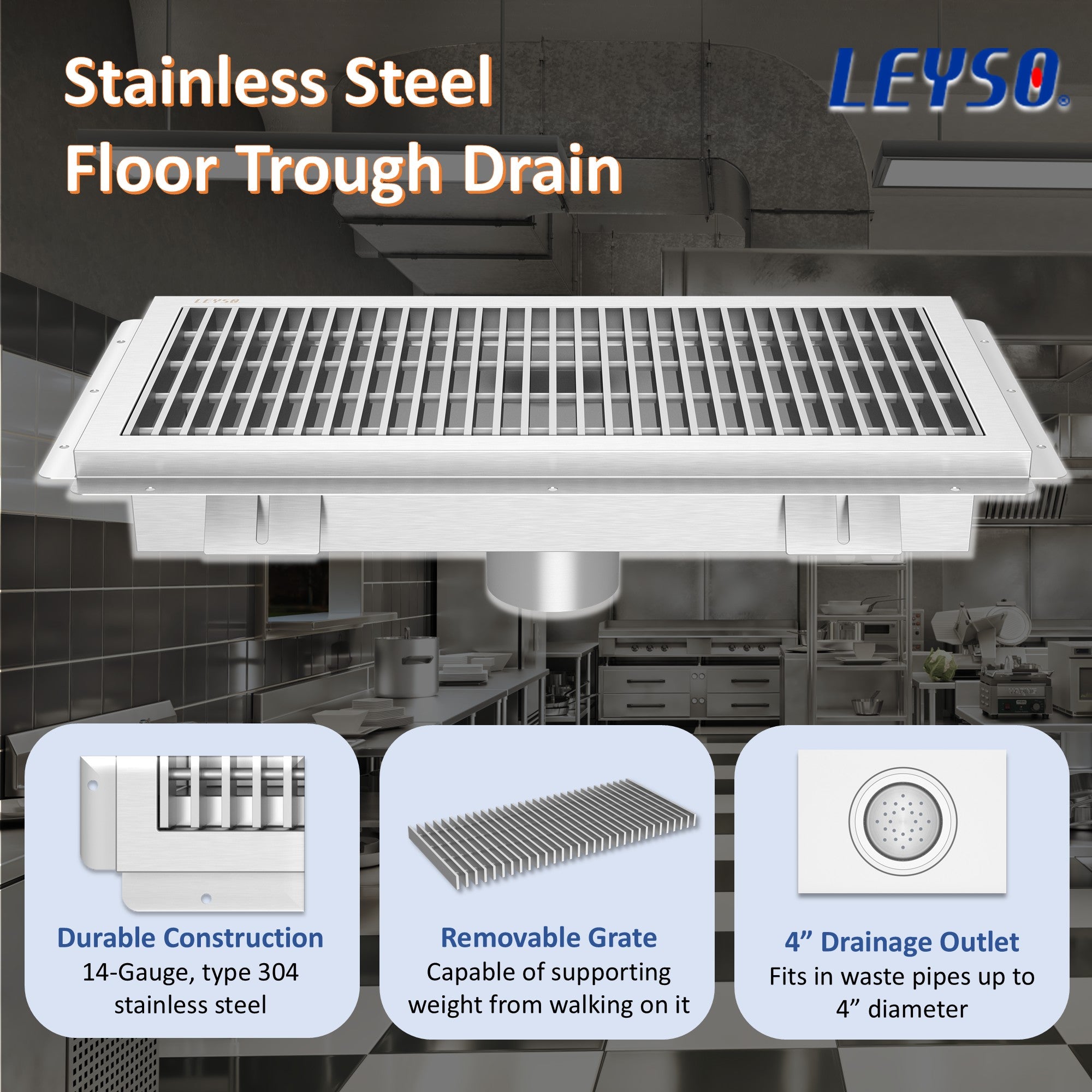 Leyso 12" x 36" 14-Gauge Stainless Steel Floor Trough with Removable Grate and Strainer Basket, Commercial Floor Drainer Used for Restaurants Kitchen, Hotels, Industrial Facilities.