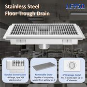 Leyso 12" x 36" 14-Gauge Stainless Steel Floor Trough with Removable Grate and Strainer Basket, Commercial Floor Drainer Used for Restaurants Kitchen, Hotels, Industrial Facilities.