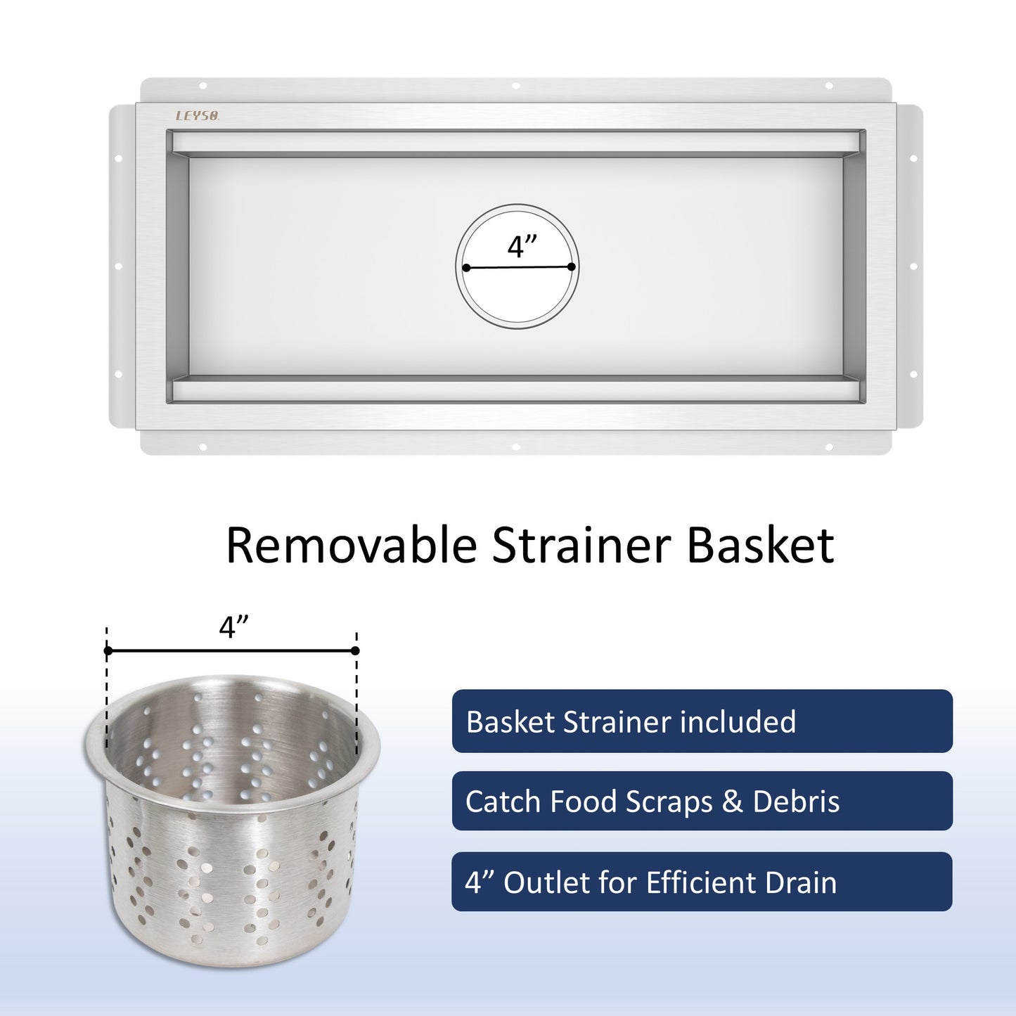 Leyso 12" x 36" 14-Gauge Stainless Steel Floor Trough with Removable Grate and Strainer Basket, Commercial Floor Drainer Used for Restaurants Kitchen, Hotels, Industrial Facilities.