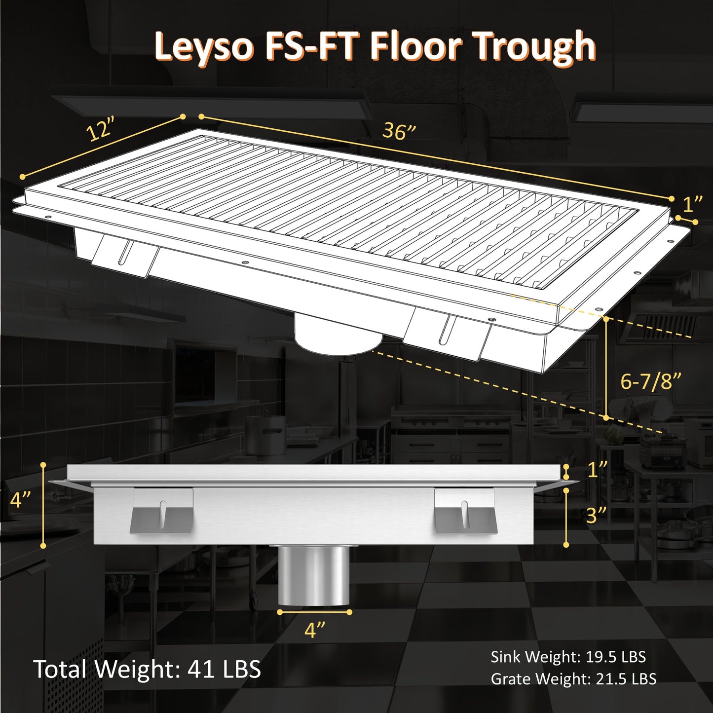 Leyso 14-Gauge Stainless Steel Floor Trough with Removable Grate and Strainer Basket, Commercial Floor Drainer Used for Restaurants Kitchen, Hotels, Industrial Facilities.