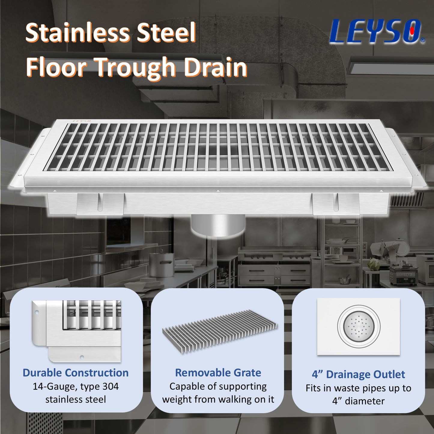 Leyso 14-Gauge Stainless Steel Floor Trough with Removable Grate and Strainer Basket, Commercial Floor Drainer Used for Restaurants Kitchen, Hotels, Industrial Facilities.