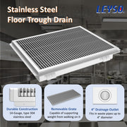 Leyso 14-Gauge Stainless Steel Floor Trough with Removable Grate and Strainer Basket, Commercial Floor Drainer Used for Restaurants Kitchen, Hotels, Industrial Facilities.