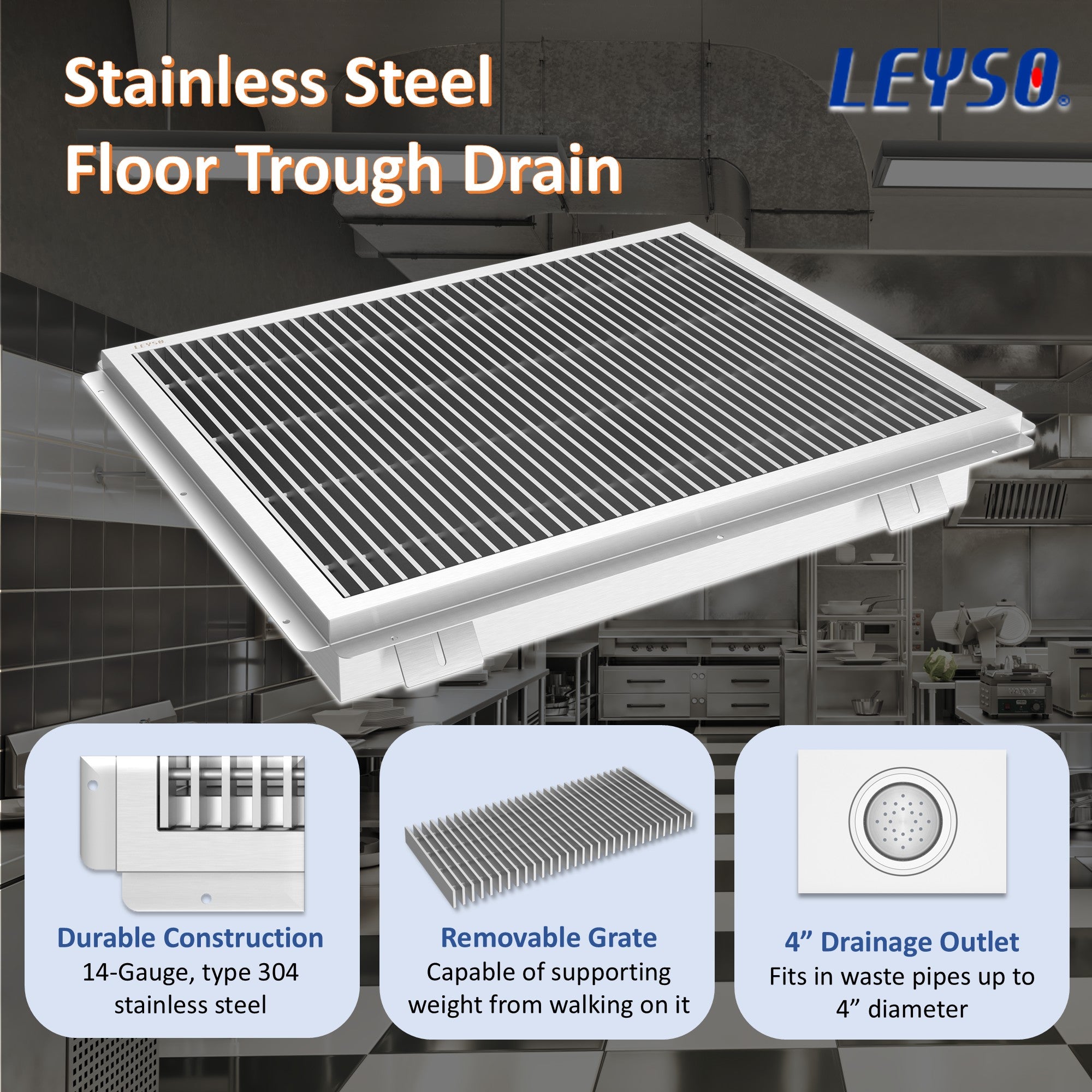 Leyso 24" x 24" 14-Gauge Stainless Steel Floor Trough with Removable Grate and Strainer Basket, Commercial Floor Drainer Used for Restaurants Kitchen, Hotels, Industrial Facilities.