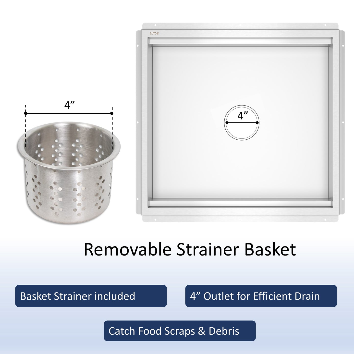 Leyso 24" x 24" 14-Gauge Stainless Steel Floor Trough with Removable Grate and Strainer Basket, Commercial Floor Drainer Used for Restaurants Kitchen, Hotels, Industrial Facilities.