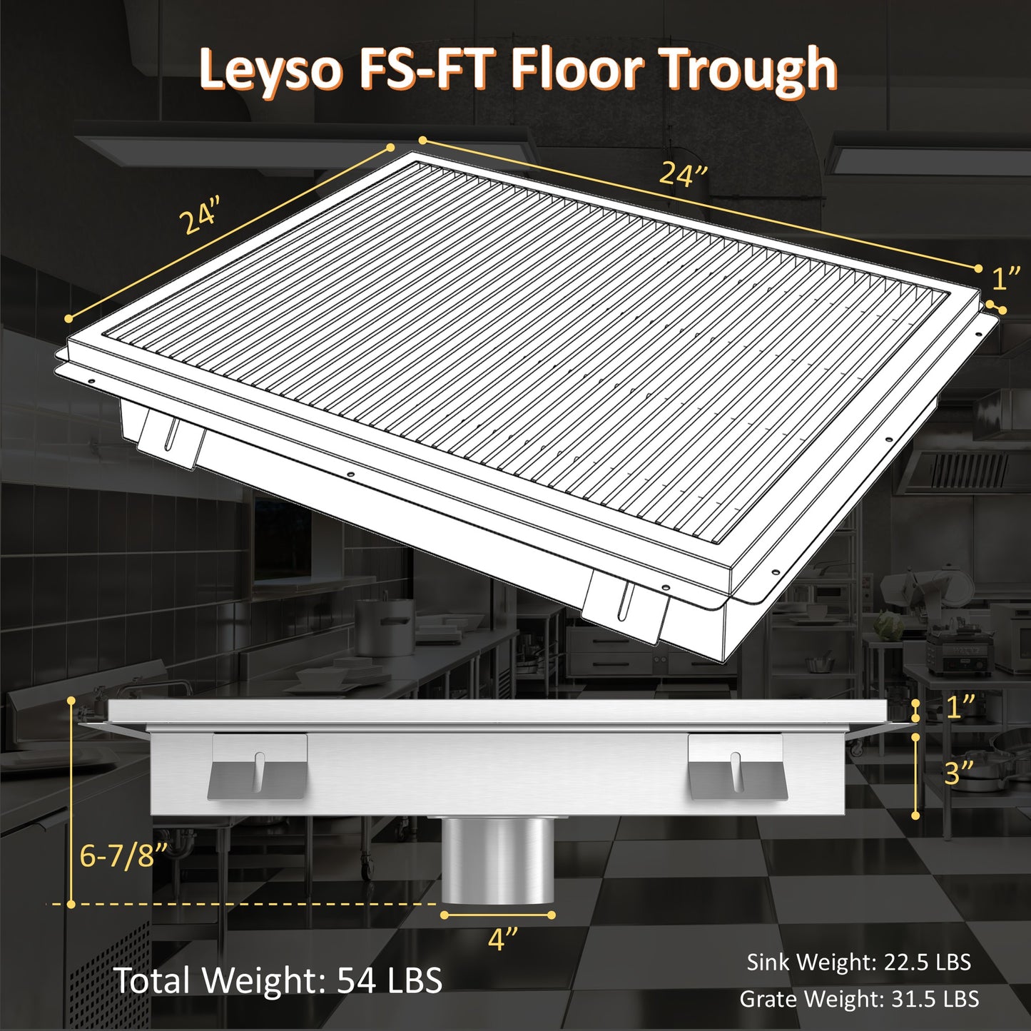 Leyso 14-Gauge Stainless Steel Floor Trough with Removable Grate and Strainer Basket, Commercial Floor Drainer Used for Restaurants Kitchen, Hotels, Industrial Facilities.