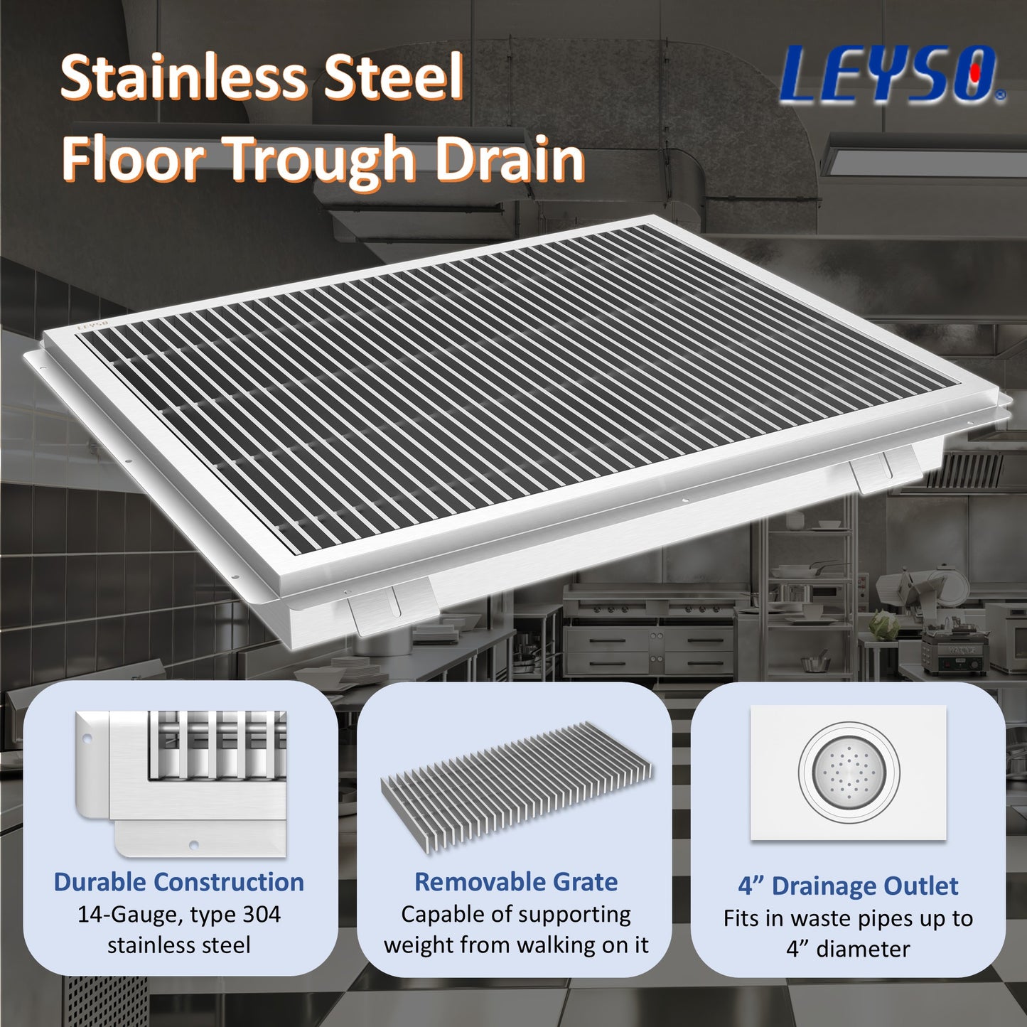 Leyso 14-Gauge Stainless Steel Floor Trough with Removable Grate and Strainer Basket, Commercial Floor Drainer Used for Restaurants Kitchen, Hotels, Industrial Facilities.