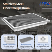 Leyso 14-Gauge Stainless Steel Floor Trough with Removable Grate and Strainer Basket, Commercial Floor Drainer Used for Restaurants Kitchen, Hotels, Industrial Facilities.