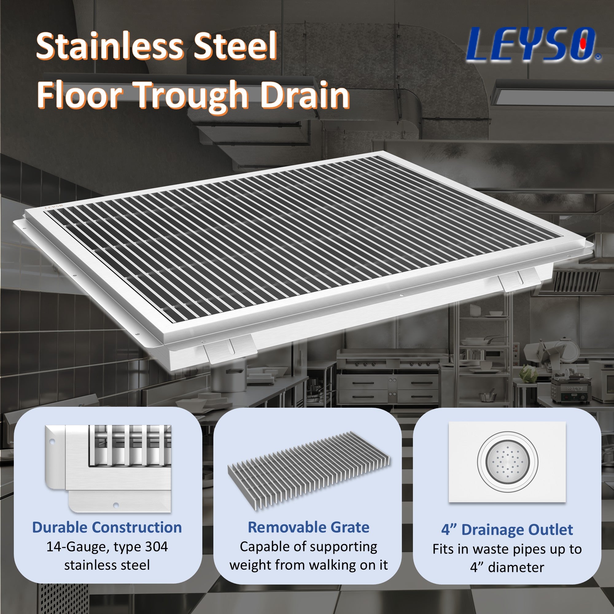 Leyso 24" x 42" 14-Gauge Stainless Steel Floor Trough with Removable Grate and Strainer Basket, Commercial Floor Drainer Used for Restaurants Kitchen, Hotels, Industrial Facilities.