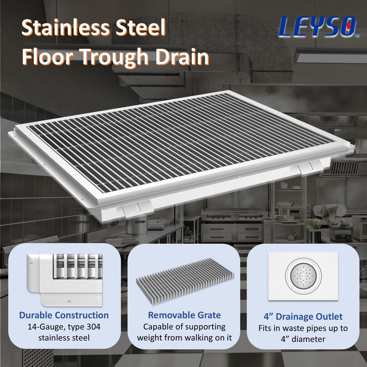 Leyso 24" x 42" 14-Gauge Stainless Steel Floor Trough with Removable Grate and Strainer Basket, Commercial Floor Drainer Used for Restaurants Kitchen, Hotels, Industrial Facilities.