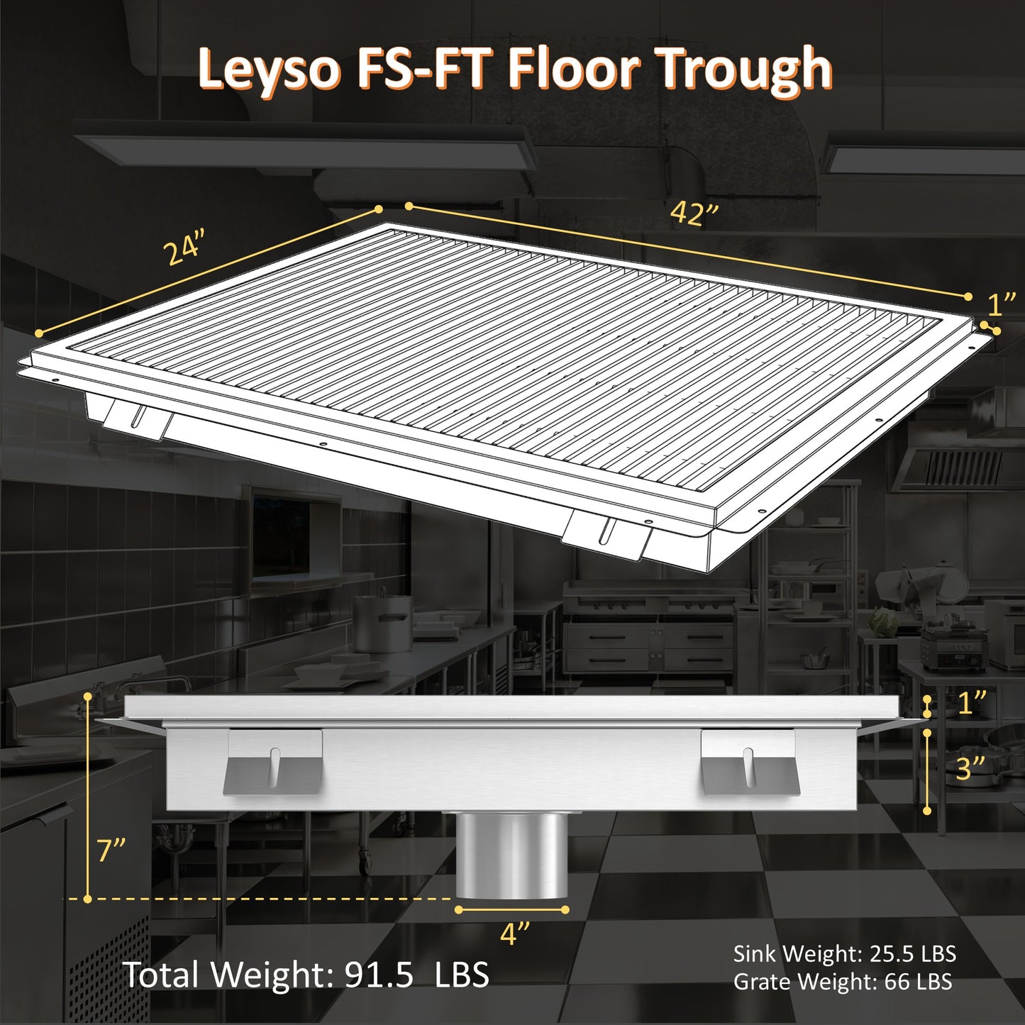 Leyso 14-Gauge Stainless Steel Floor Trough with Removable Grate and Strainer Basket, Commercial Floor Drainer Used for Restaurants Kitchen, Hotels, Industrial Facilities.