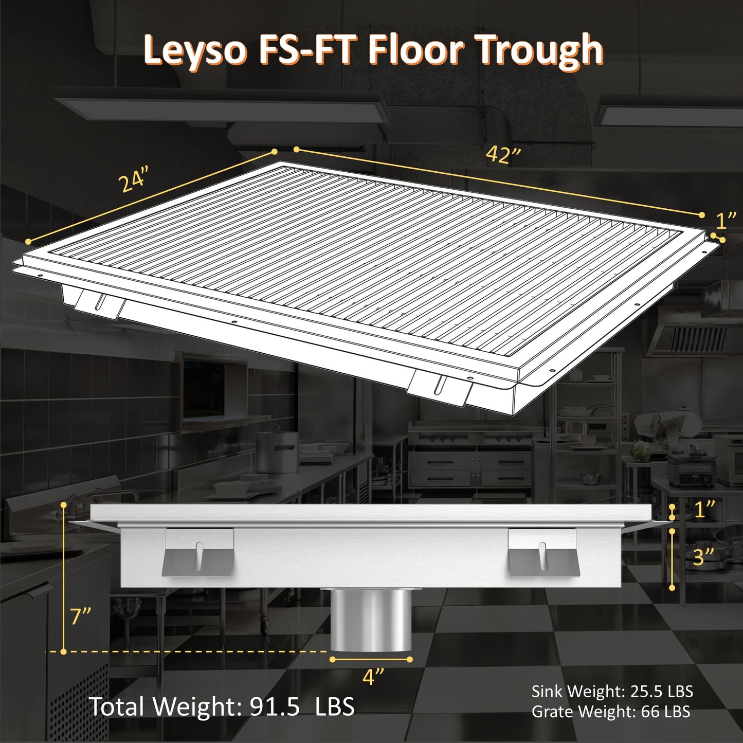 Leyso 24" x 42" 14-Gauge Stainless Steel Floor Trough with Removable Grate and Strainer Basket, Commercial Floor Drainer Used for Restaurants Kitchen, Hotels, Industrial Facilities.