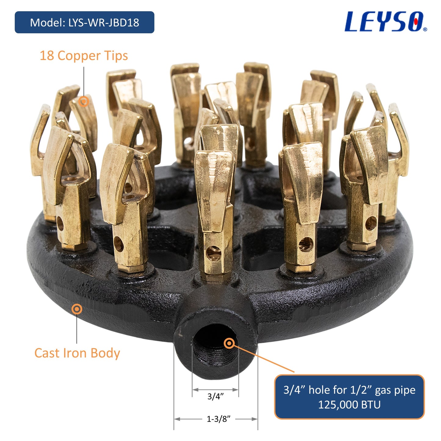 Leyso WR-JBD 18 Duck Mouth Shape Copper Tips Jet Burner Cast Iron Body for Chinese Wok Range, Grilling, Stir Fry, 125,000 BTU, Marking: XW