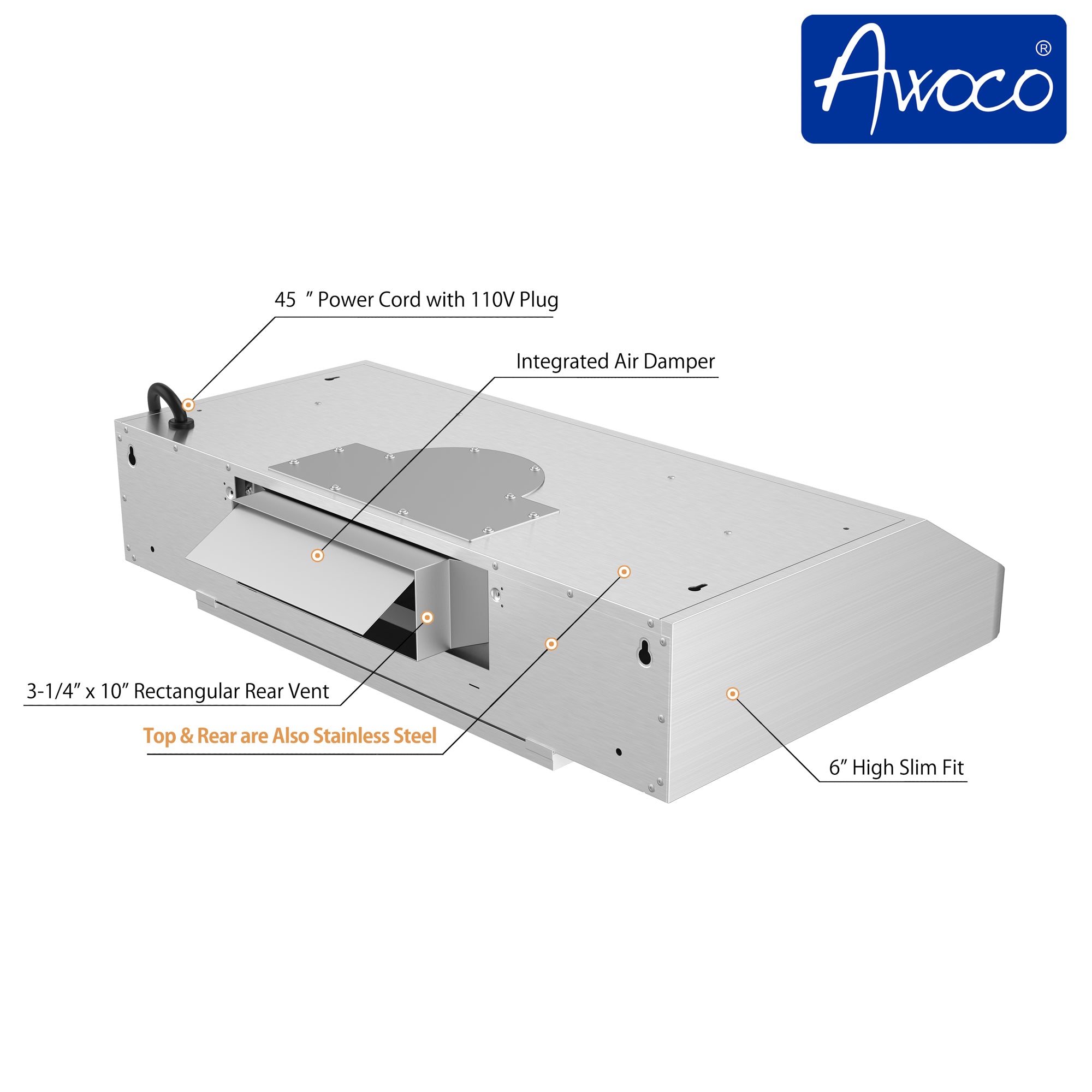 Awoco RH-R06-30 Rectangle Vent 6" High Stainless Steel Under Cabinet 4 Speeds 900CFM Range Hood with LED Lights