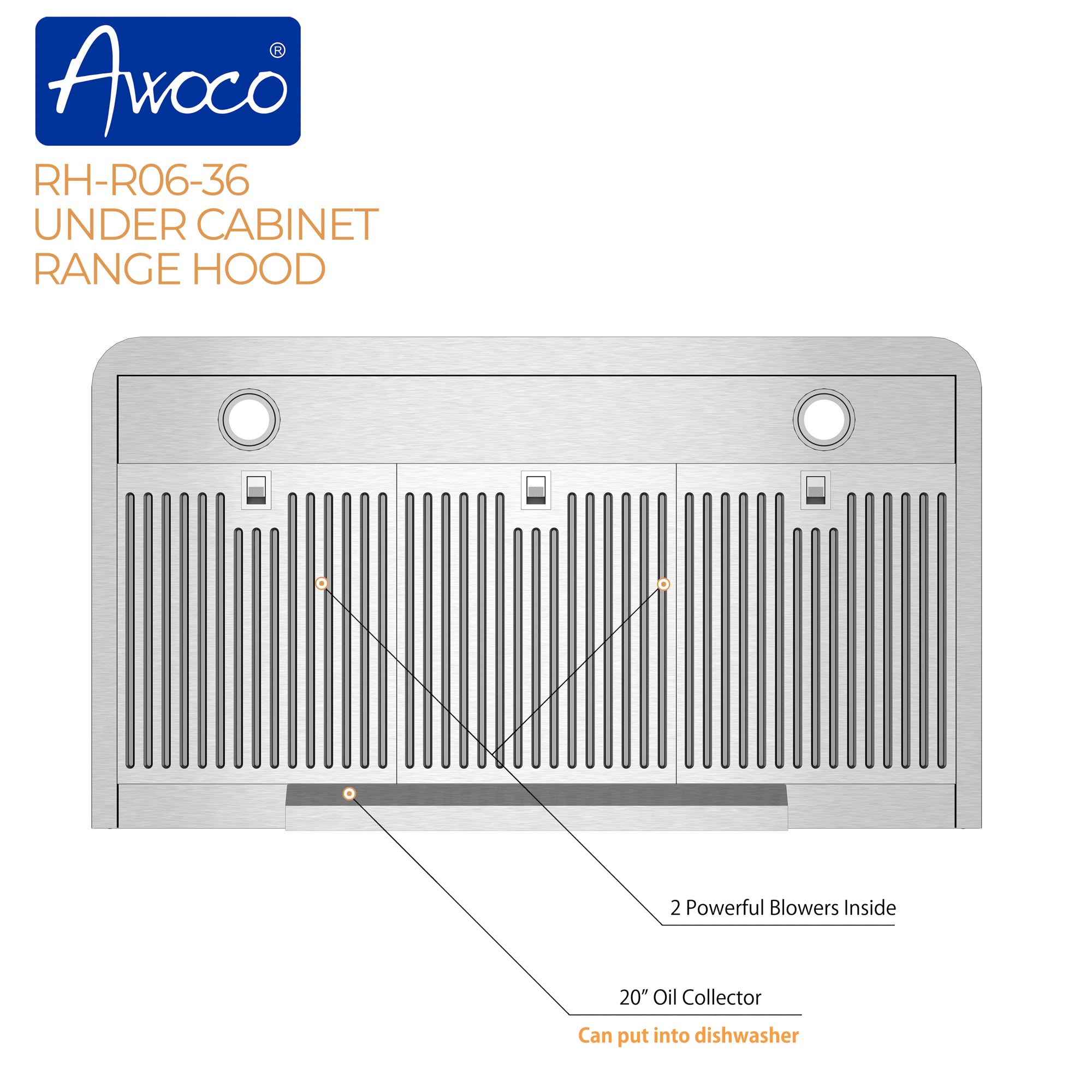 Awoco RH-R06-36 Rectangle Vent 6" High Stainless Steel Under Cabinet 4 Speeds 900CFM Range Hood with LED Lights