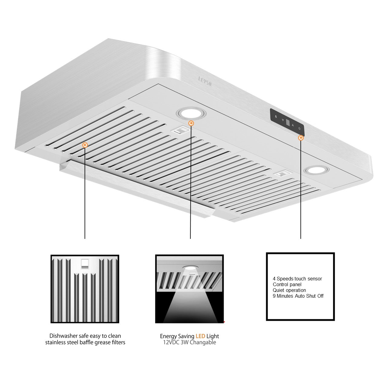 Leyso Simple 30" Under Cabinet Stainless Steel Range Hood, Digital 4-Speed Control, 900 CFM, 2 LED Lights, Baffle Filters