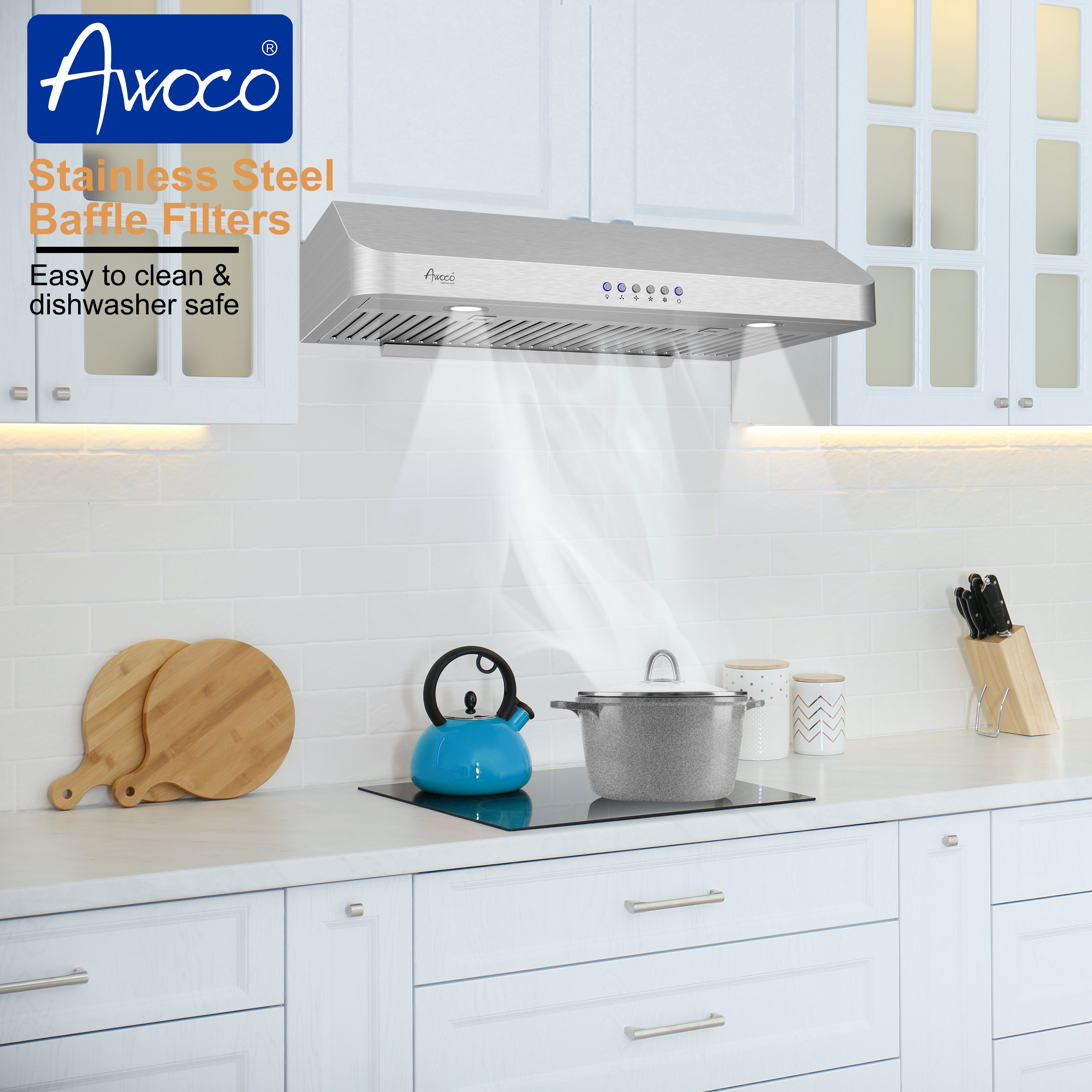 Awoco RH-C06-30 Classic 6" High Stainless Steel Under Cabinet 4 Speeds 900CFM Range Hood with 2 LED Lights