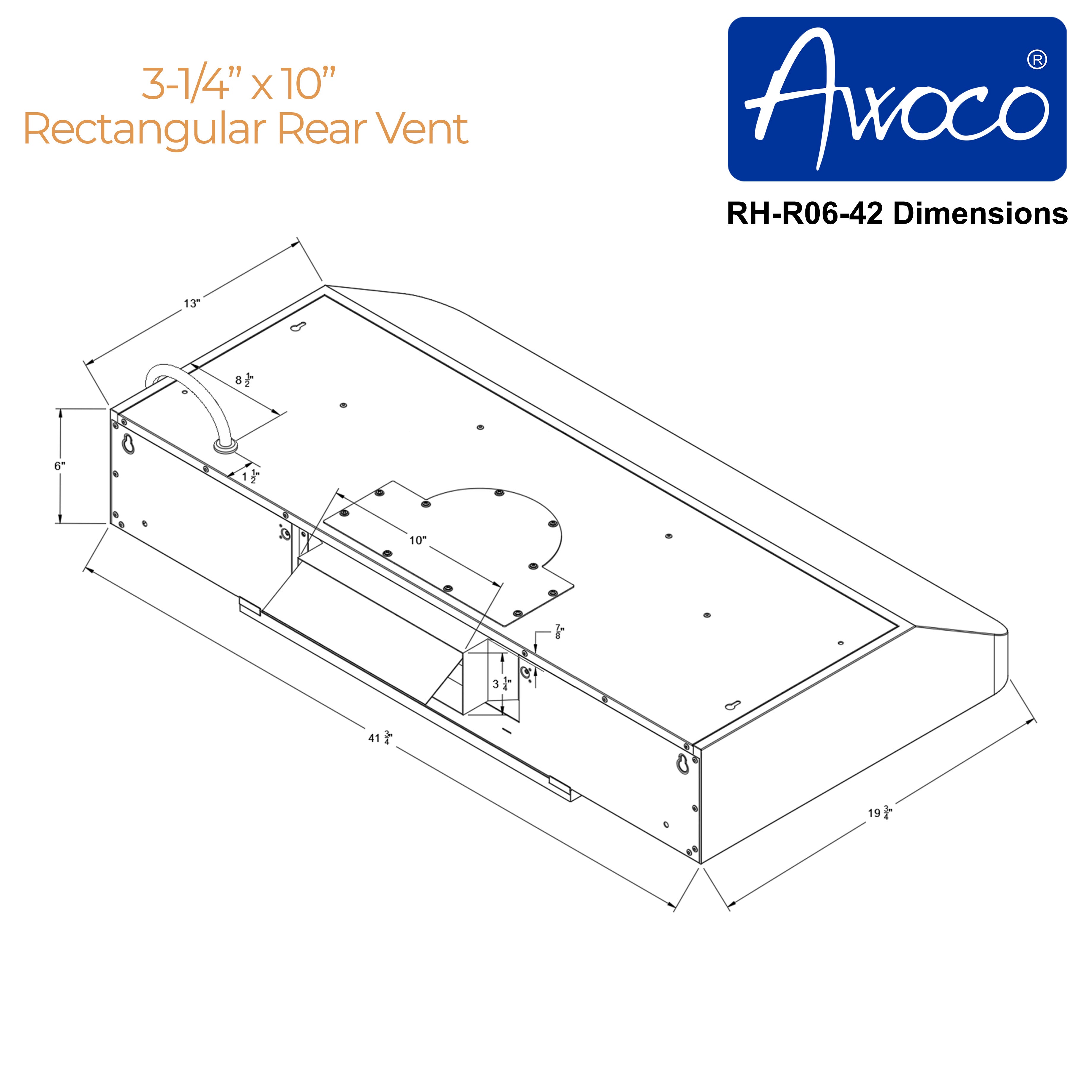 Awoco RH-R06-42 Rectangle Vent 6" High Stainless Steel Under Cabinet 4 Speeds 900CFM Range Hood with LED Lights