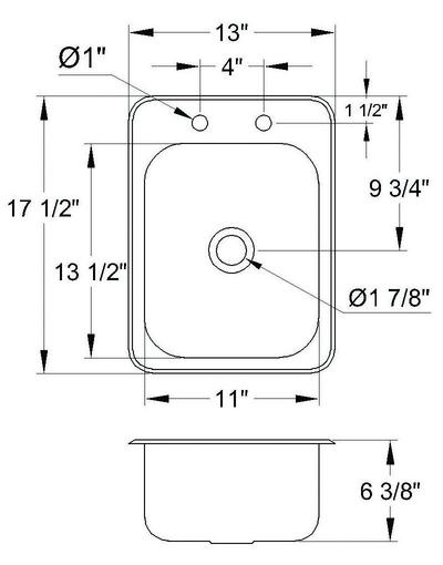 Medium 13" x 17.5" Drop-in Hand Sink with Lead Free 6” Spout Faucet & Strainer, ETL Certified, HS-1317IHG