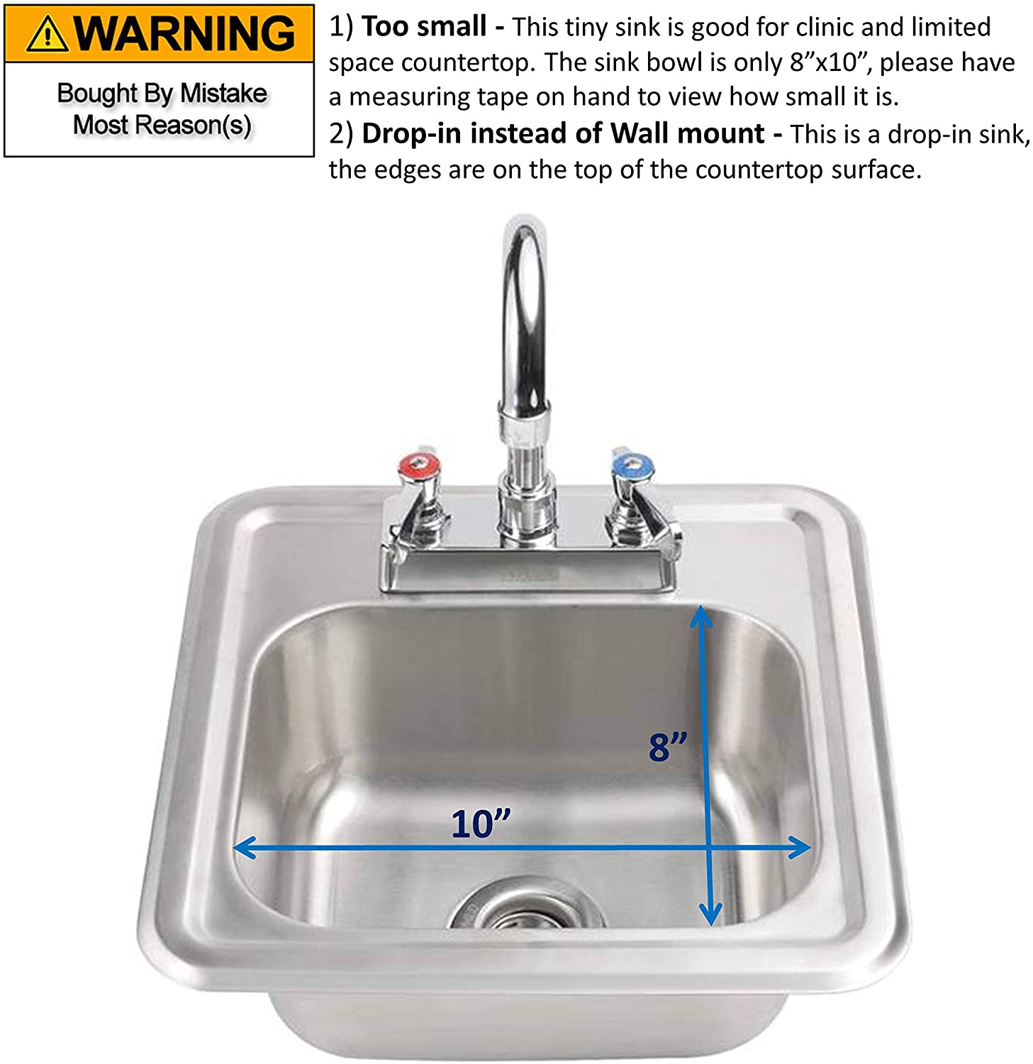 Mini 13" x 13" Drop-in Hand Sink with Lead Free 3-1/2” Spout Faucet & Strainer, ETL Certified, HS-0810IG