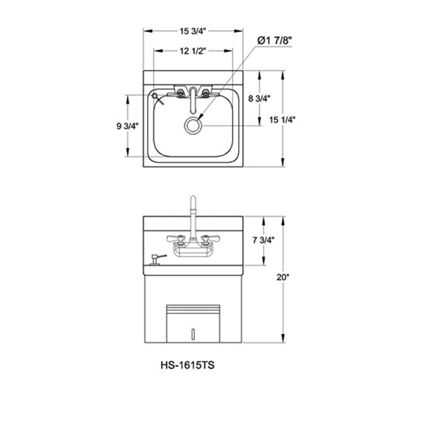 GSW Wall Mount Hand Sink 16"x15" with Welded Splash Guards, No Lead Faucet, Under Mount Paper Towel & Soap Dispenser (HS-1615TS)