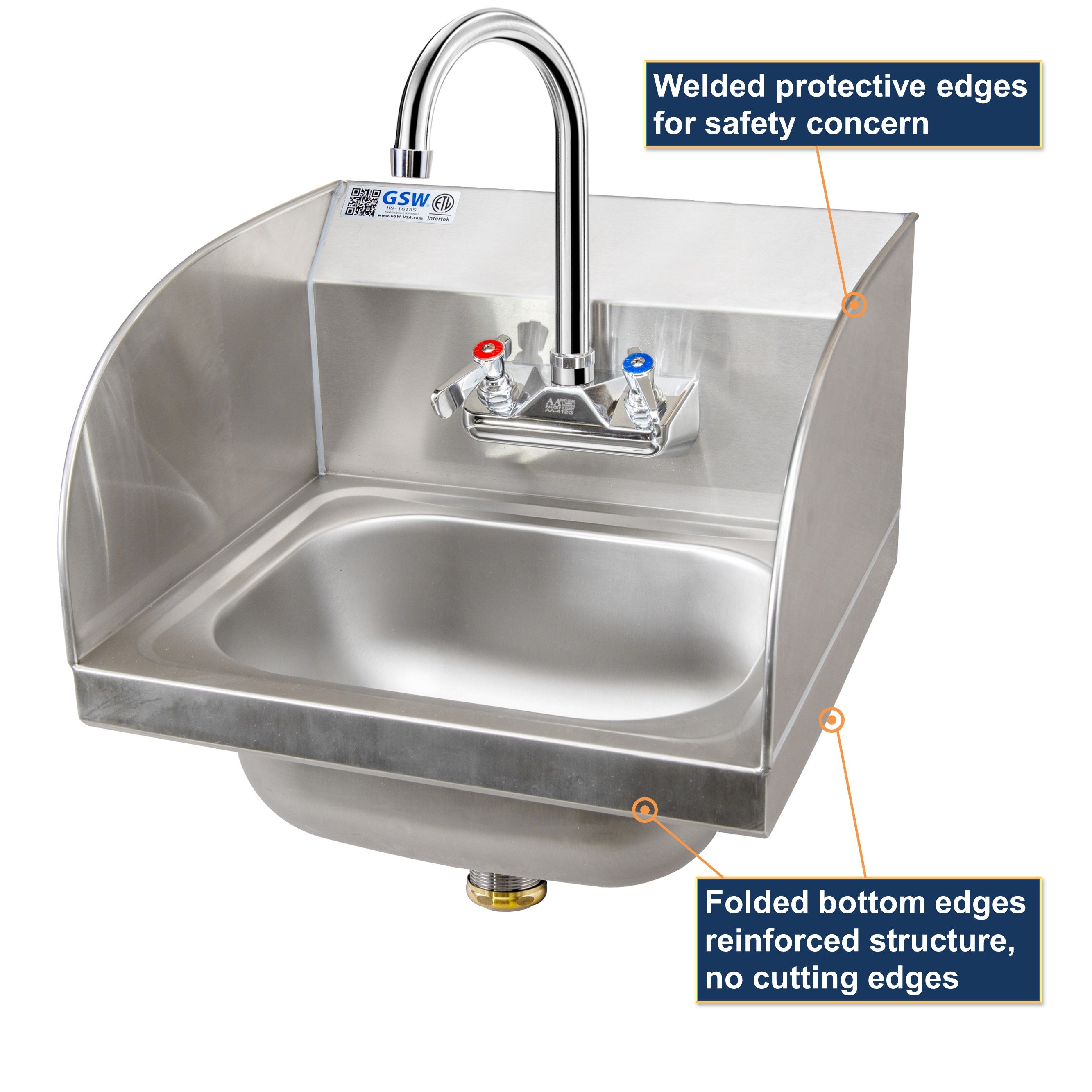 GSW Wall Mount Standard 16” x 15” Stainless Steel Hand Sink with Protective Edge Welded Splash Guards