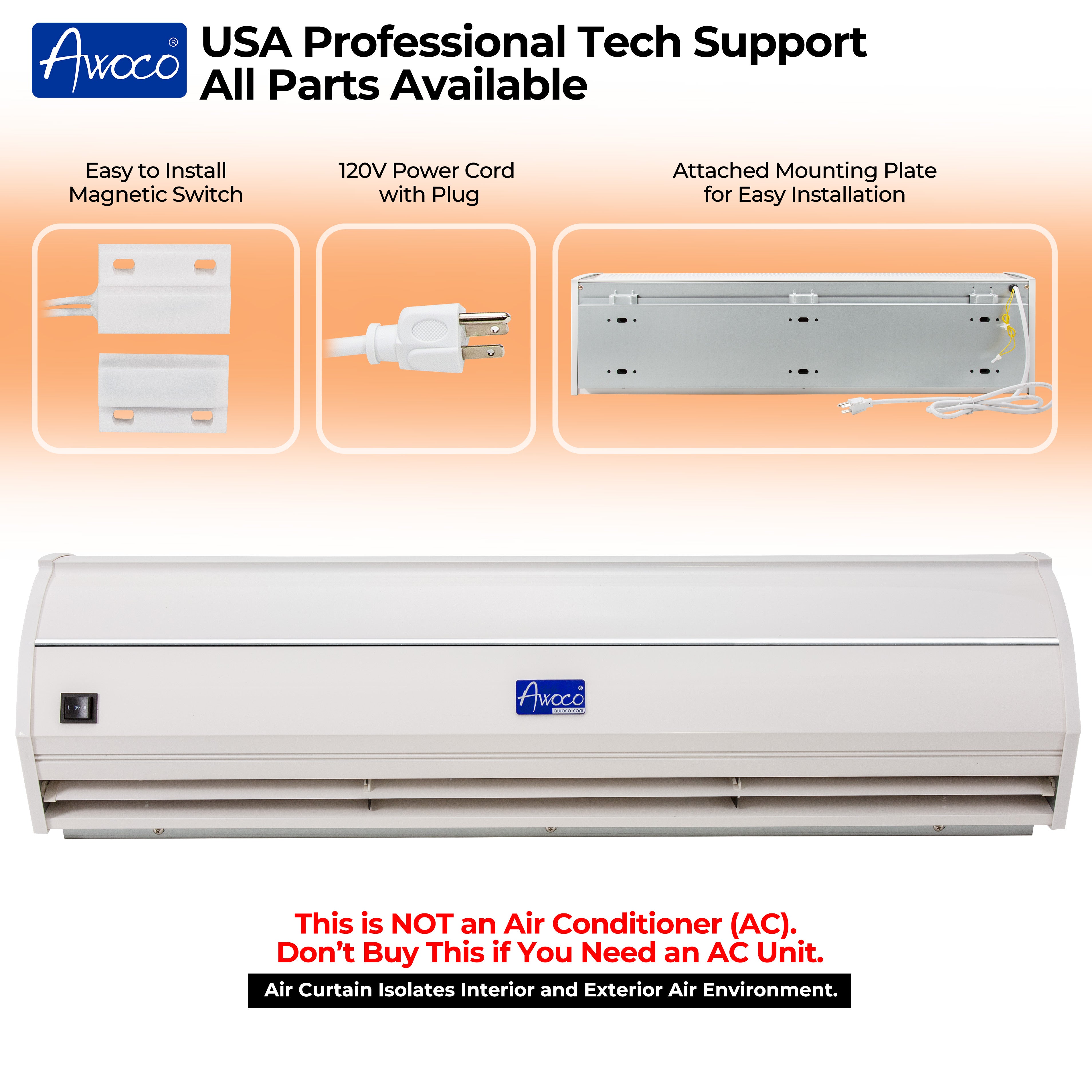 Awoco 36" Elegant 1 Speed 900 CFM Indoor Air Curtain, 120V Unheated, ETL & UL Certified to Meet NSF 37 Food Service Standard