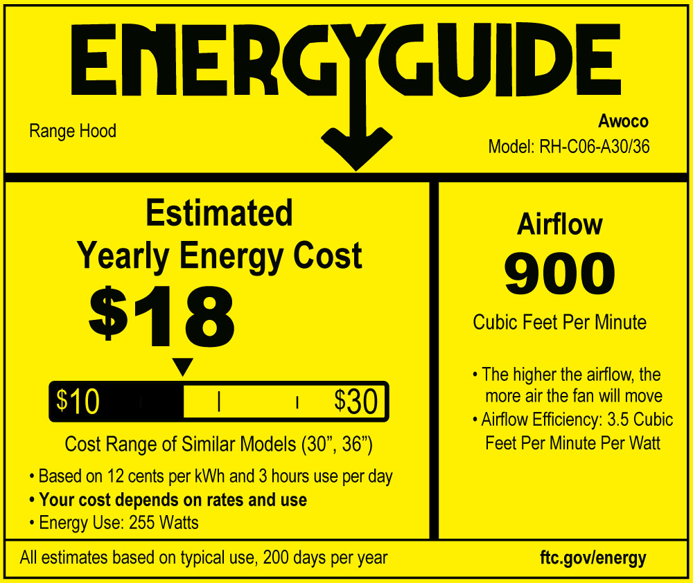 Awoco RH-C06-A36 Classic 6” High 1mm Thick Stainless Steel Under Cabinet 4 Speeds 900 CFM Range Hood with 2 LED Lights & 2 Levels of Lighting (36" W All-In-One)